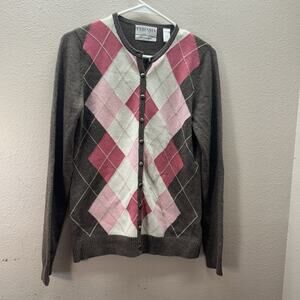 Y2K Tehama Cardigan Argyle Preppy Sweater Button Up 100% Cashmere Golf Granny